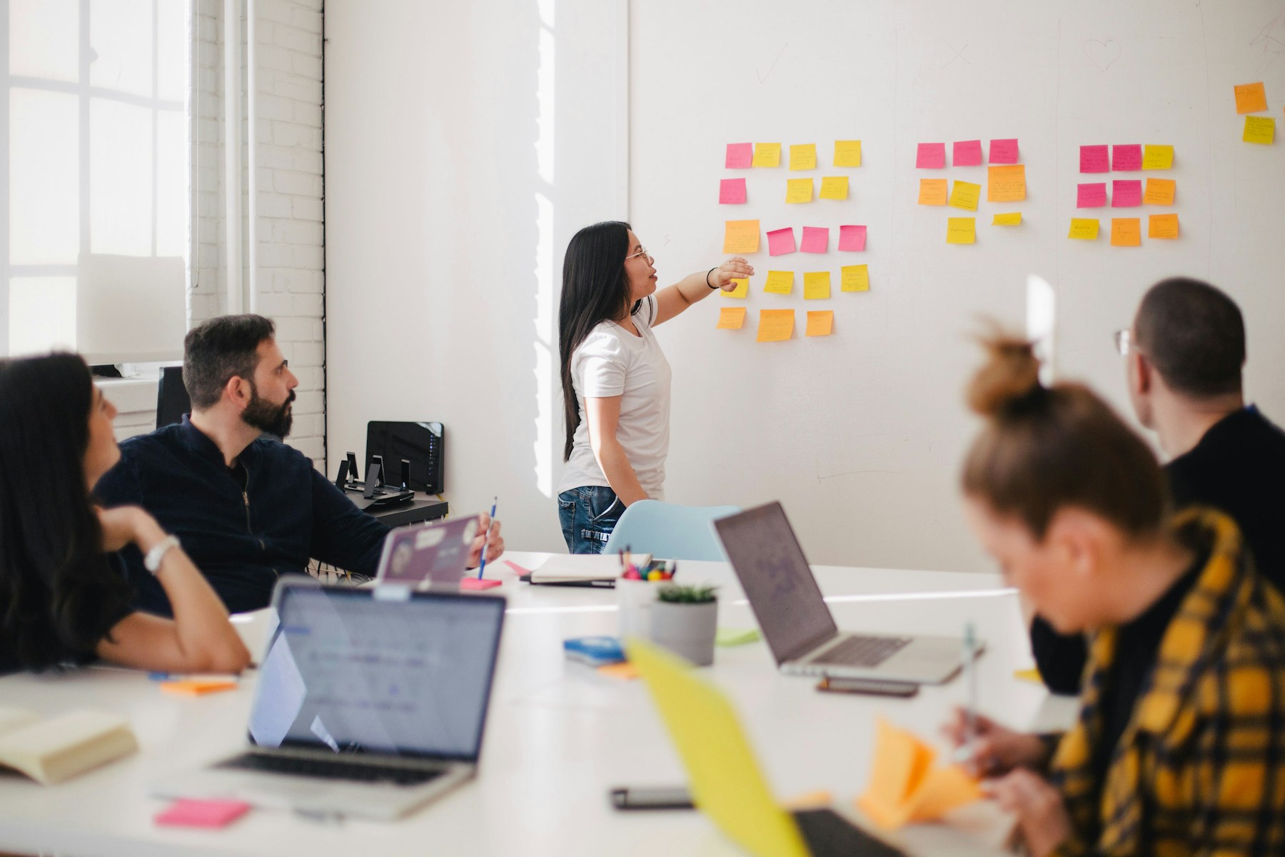 Team collaborating around an agile planning board